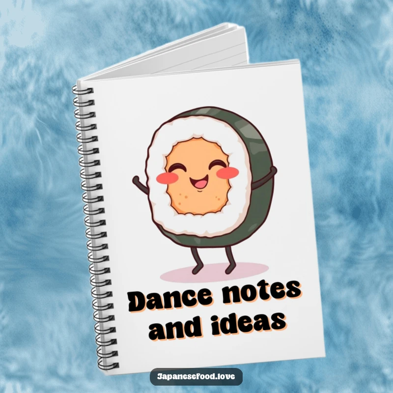 Funny notebook with a smiling sushi roll dancing a jig, ideal for capturing creative ideas and funny thoughts.