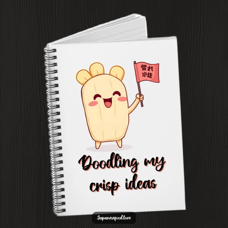 Funny notebook cover featuring an ecstatic tempura character waving a tiny flag, designed for jotting down notes with a smile.