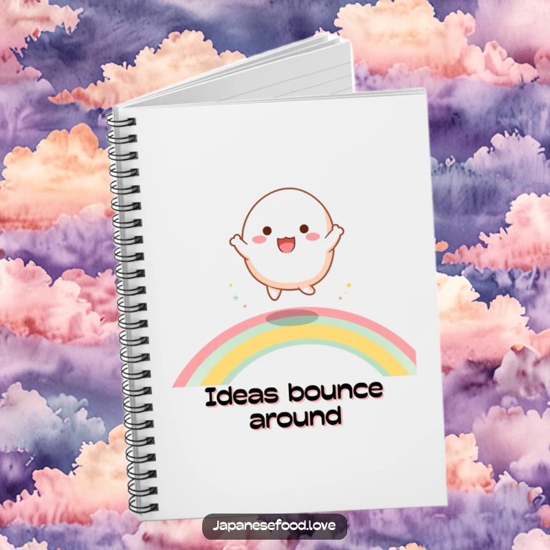 Funny notebook with a happy mochi character energetically dancing and bouncing on a colorful rainbow, perfect for note-taking.