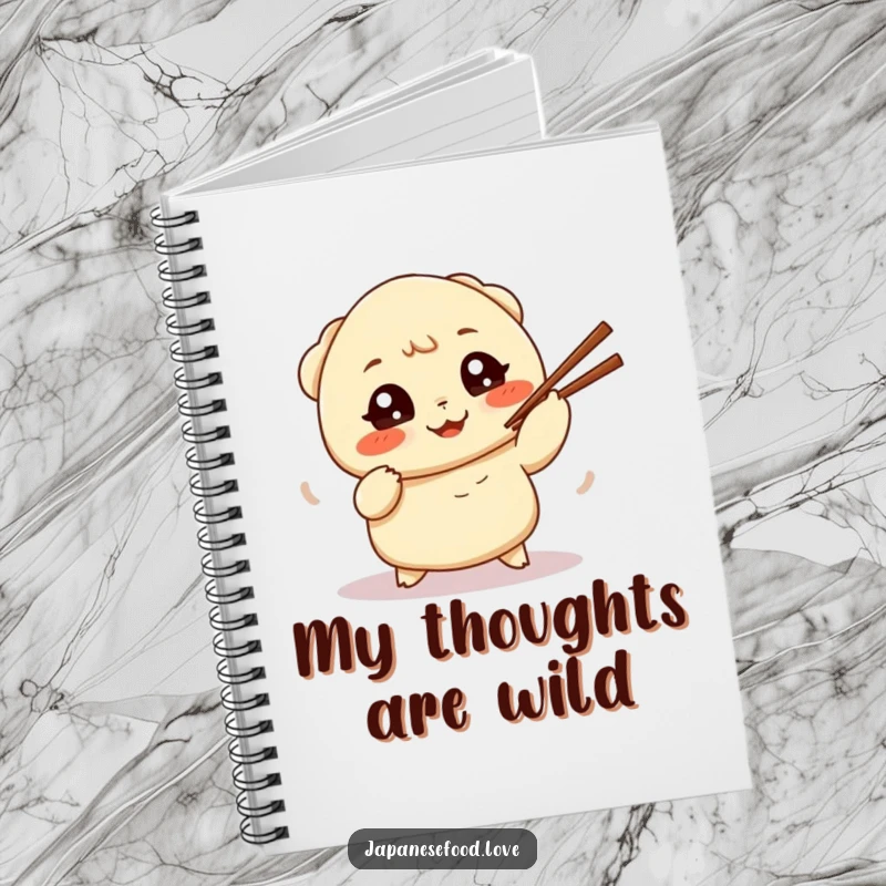 Funny notebook with a charming dumpling hilariously attempting to juggle chopsticks, ideal for notes and doodles.