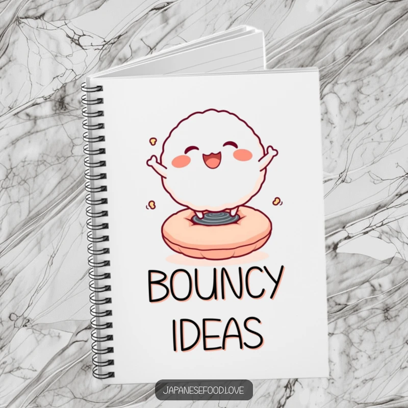 Funny notebook cover with a smiling rice ball character joyfully bouncing on a springy cushion, perfect for jotting down happy thoughts.