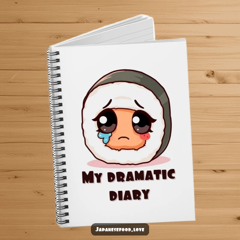 Funny sad cute sushi roll with giant eye wiping a tear on a notebook, ideal for journaling feelings with humor.
