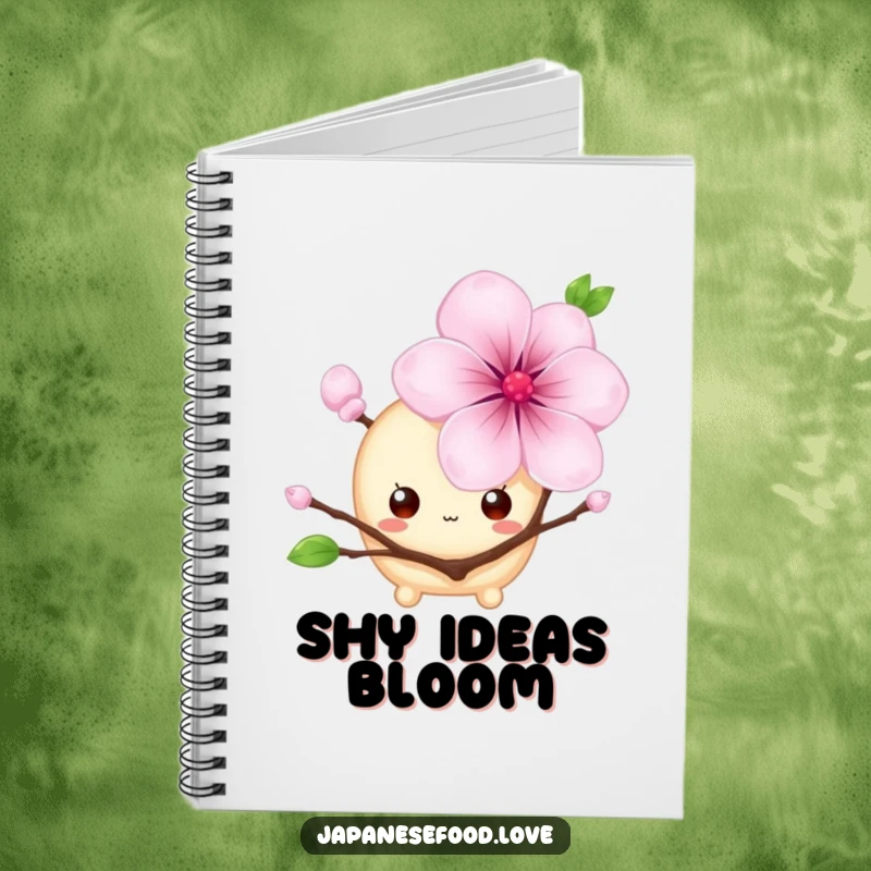 Funny notebook featuring a shy mochi with big eyes hiding behind a cherry blossom, a cute and humorous design, perfect for note-taking and as a funny gift.