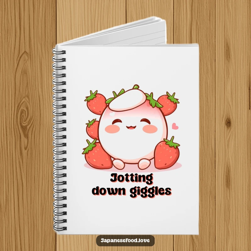 Funny Notebook featuring a cute strawberry mochi character with rosy cheeks, giggling with delight, perfect for notes and doodles.