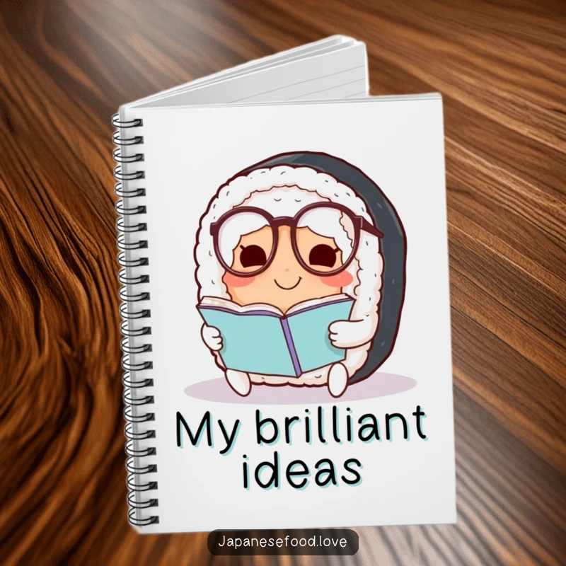 Funny Sushi Notebook: Smiling sushi roll with spectacles on a journal, perfect for humorous note-taking and planning.