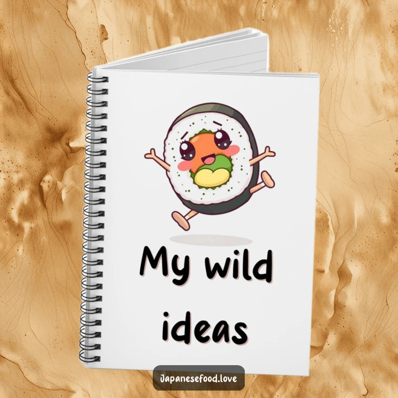 Funny notebook cover with a sushi roll character with googly eyes performing cartwheels, ready to capture ideas.