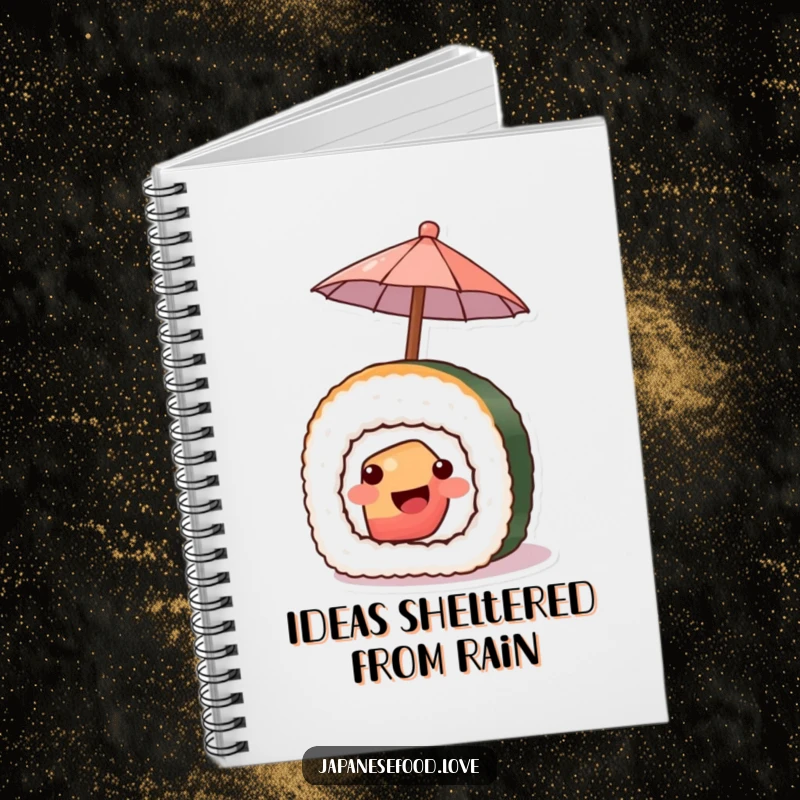 Funny notebook cover with a smiling piece of sushi offering a tiny umbrella, ideal for jotting notes.