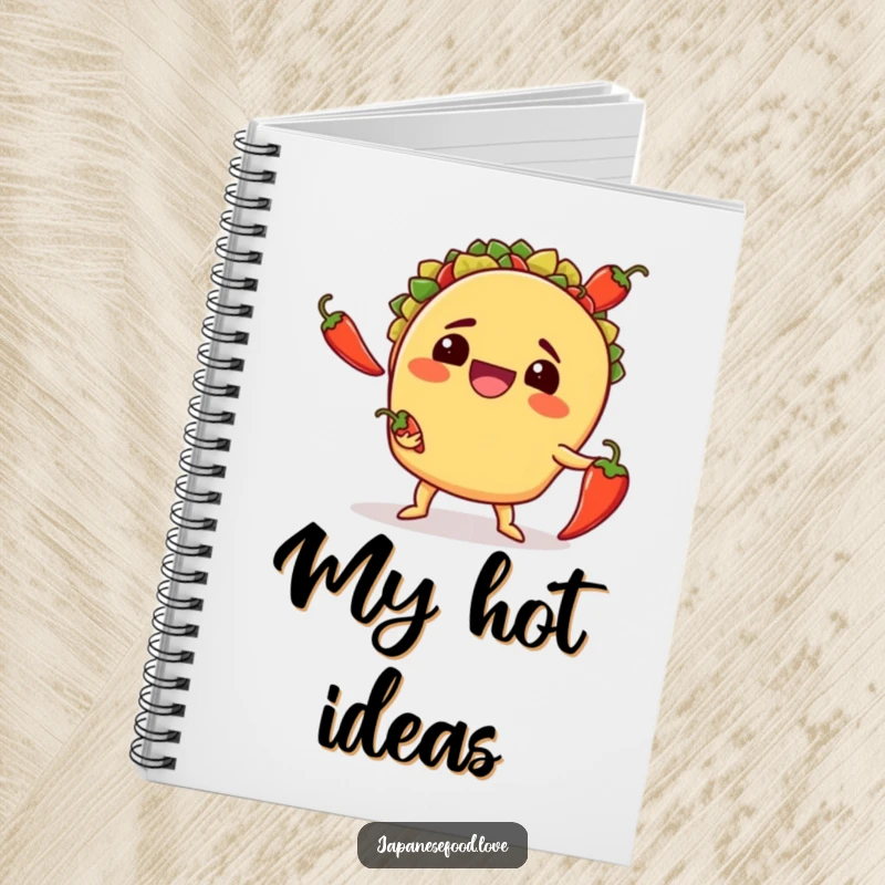 Funny notebook cover with a grinning taco attempting to juggle chili peppers, inspiring chaotic creativity and spicy ideas.