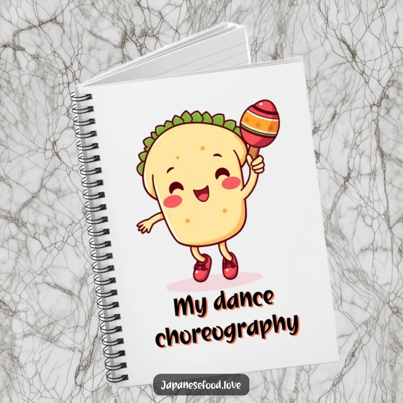 Funny taco notebook featuring a cute taco character happily dancing with a maraca, ideal for jotting down festive plans.