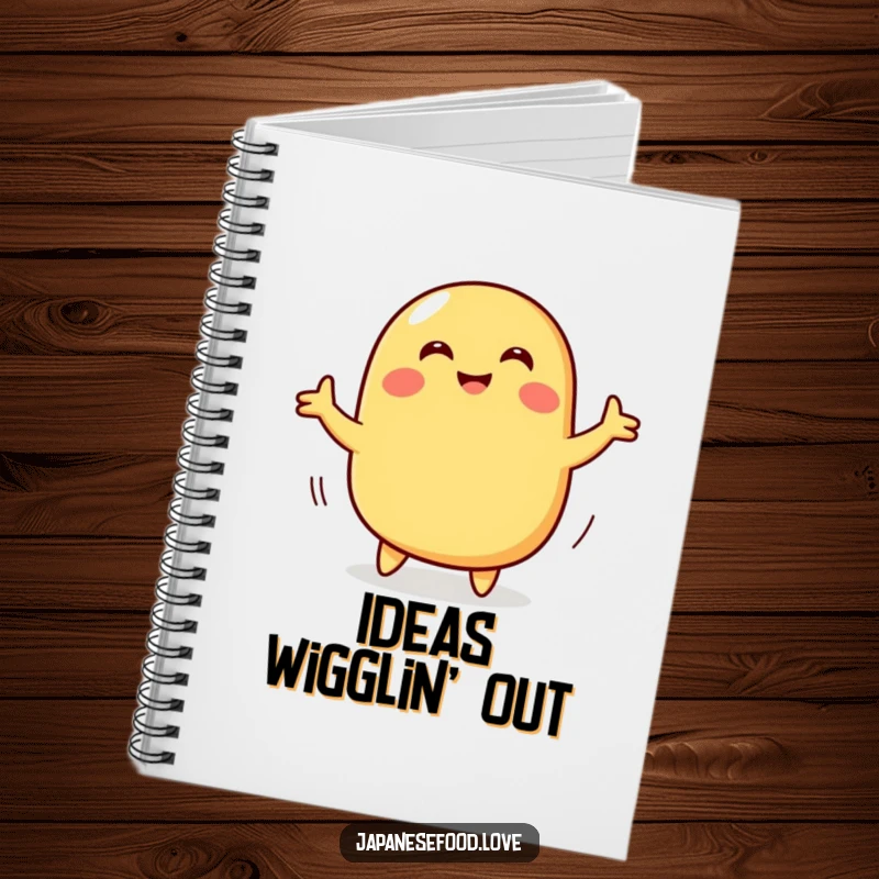 Funny notebook featuring a smiling tamagoyaki character attempting a wiggly dance, ideal for jotting down foodie thoughts.