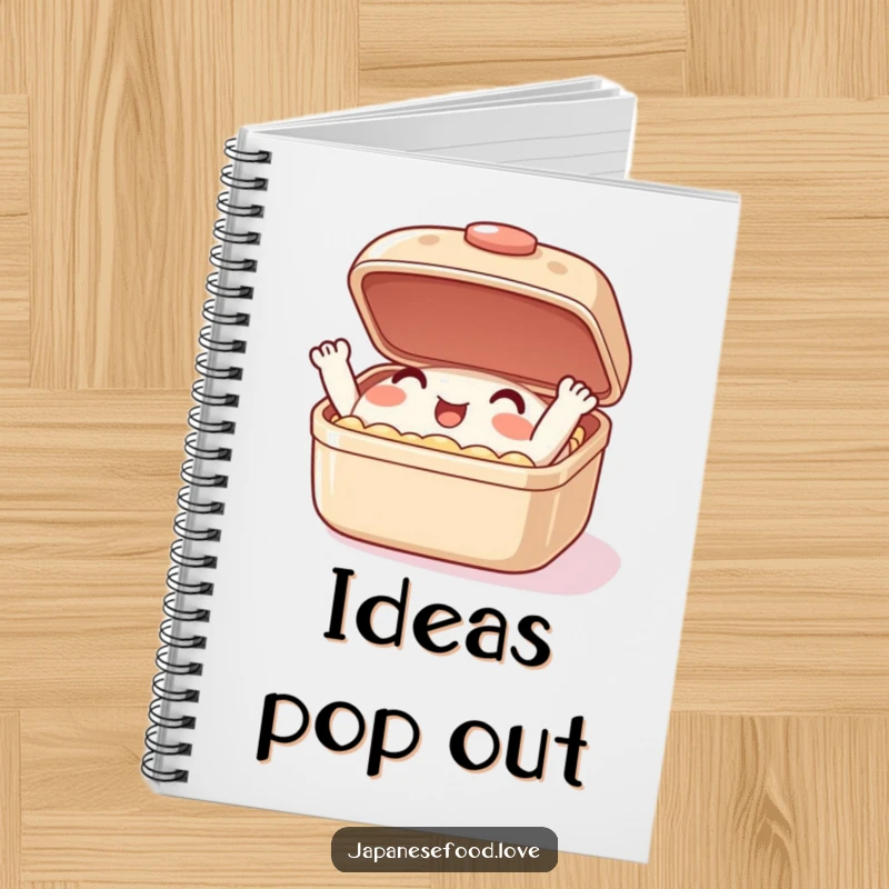 Funny notebook with a happy bento box character enthusiastically opening and closing its lid, perfect for jotting down funny thoughts.