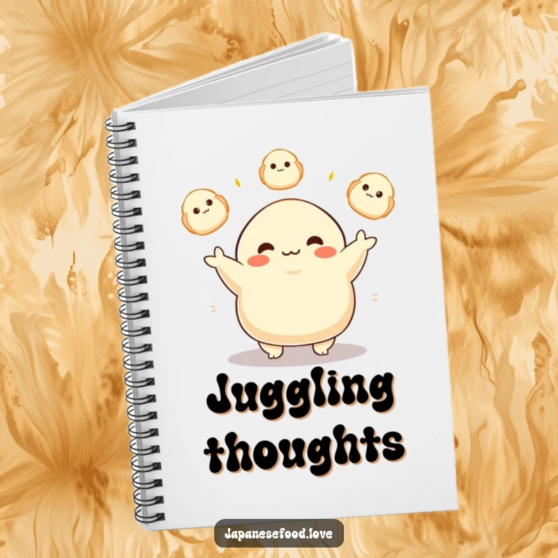 Funny notebook cover with a plump dumpling character happily juggling glowing dumplings, perfect for jotting down recipes and food thoughts.