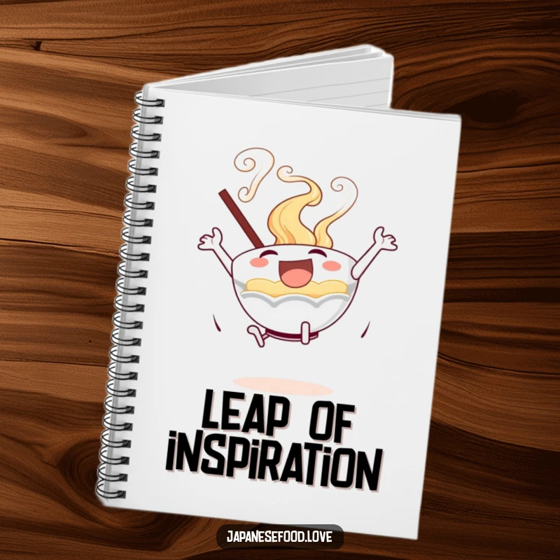 Notebook cover featuring an excited ramen bowl with swirling steam in a joyful leap, ideal for note-taking.