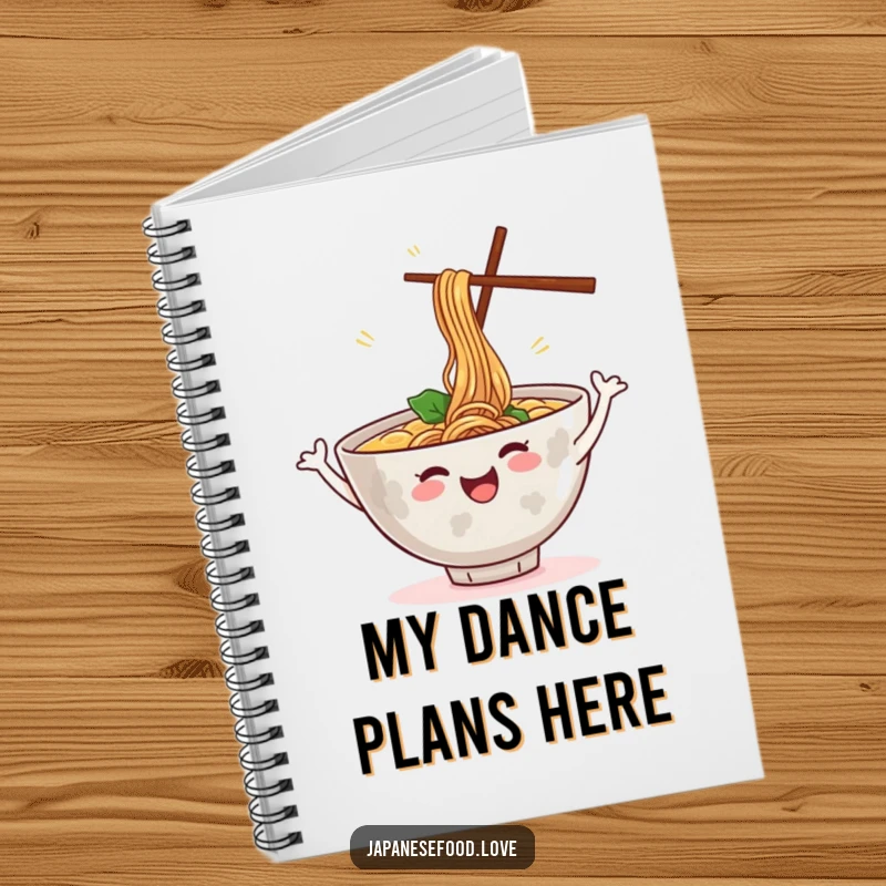 Funny notebook with a cheerful ramen bowl dancing and steam rising, a humorous food character, ideal for note-taking and as a funny gift.
