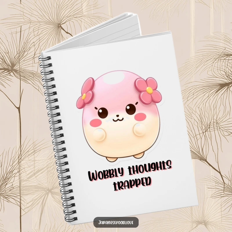 Funny notebook with a wobbly sakura mochi character capturing delightful ideas, perfect for journaling and note-taking.