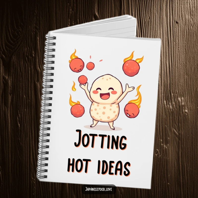 Funny notebook with a jovial takoyaki character juggling hot octopus balls, designed for jotting down creative culinary ideas.