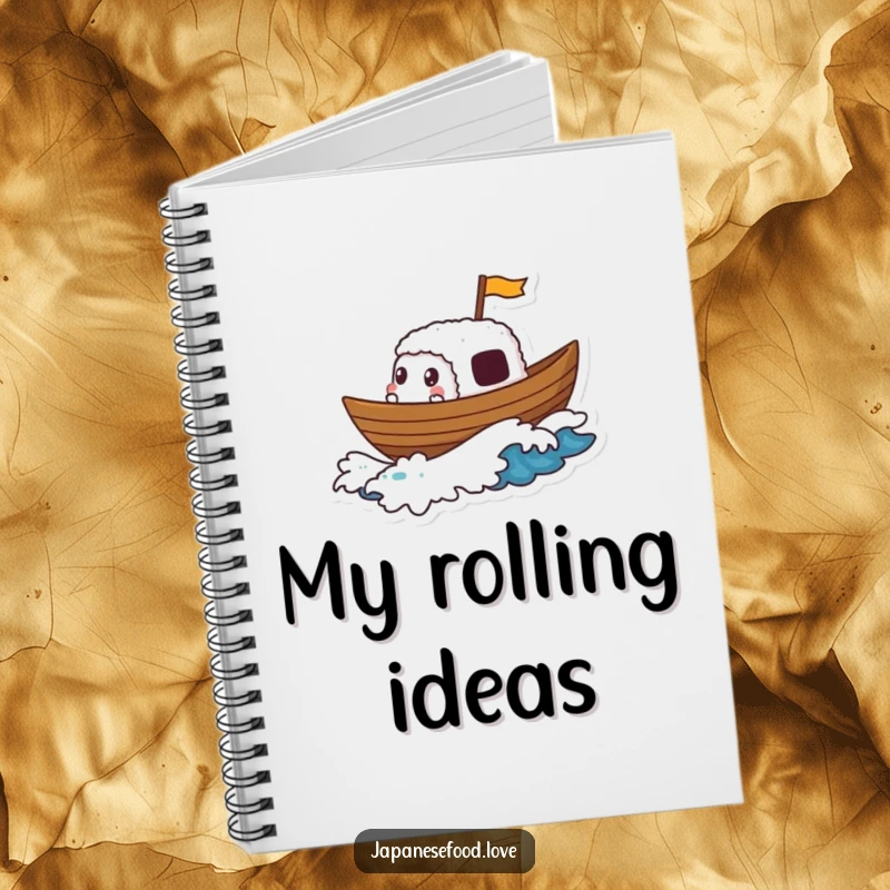 Funny notebook cover with a sushi boat character gleefully sailing on a foamy wave, inspiring culinary creativity and adventures.