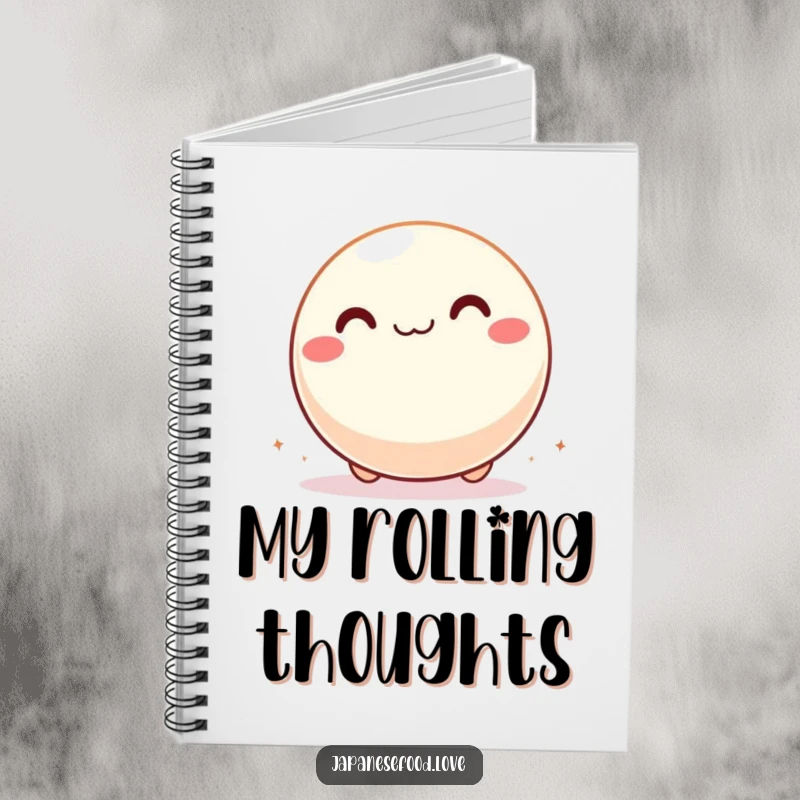 Funny notebook with a giddy mochi ball joyfully rolling across a surface, perfect for notes and sweet thoughts.