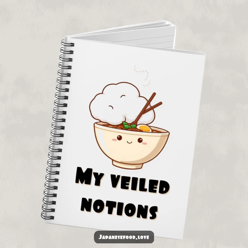 Funny notebook with a shy ramen bowl peeking from behind a steaming cloud, perfect for notes and quiet contemplation.