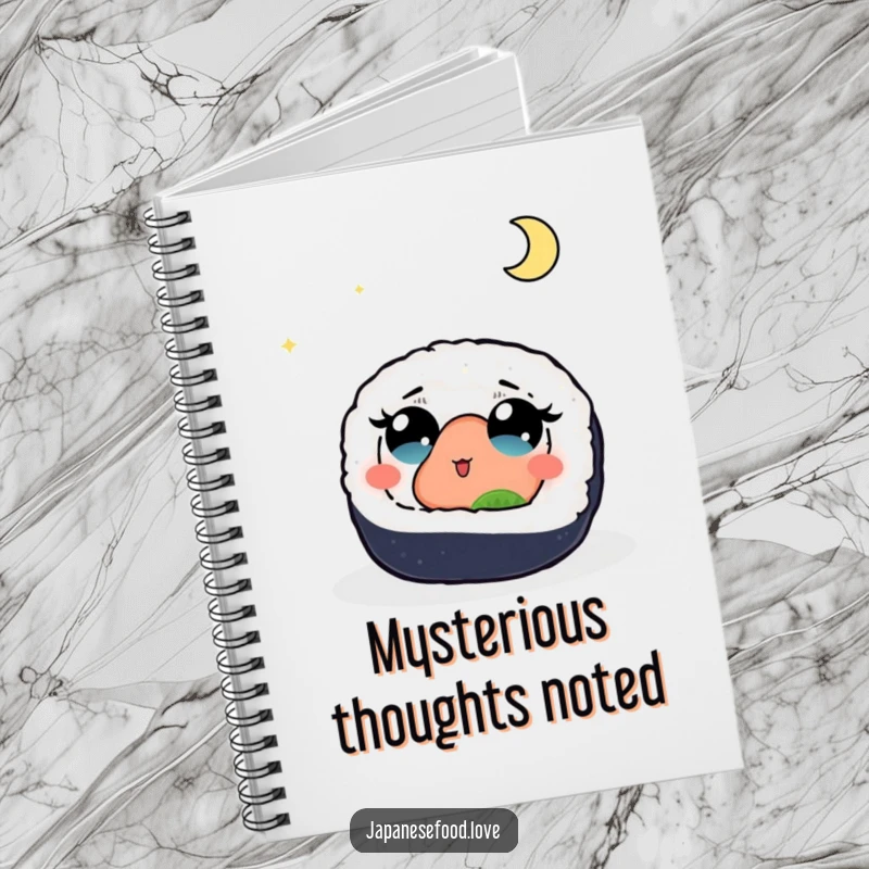 Funny notebook cover showing a sushi roll with wide, amazed eyes looking up at a full moon, perfect for jotting down creative ideas.