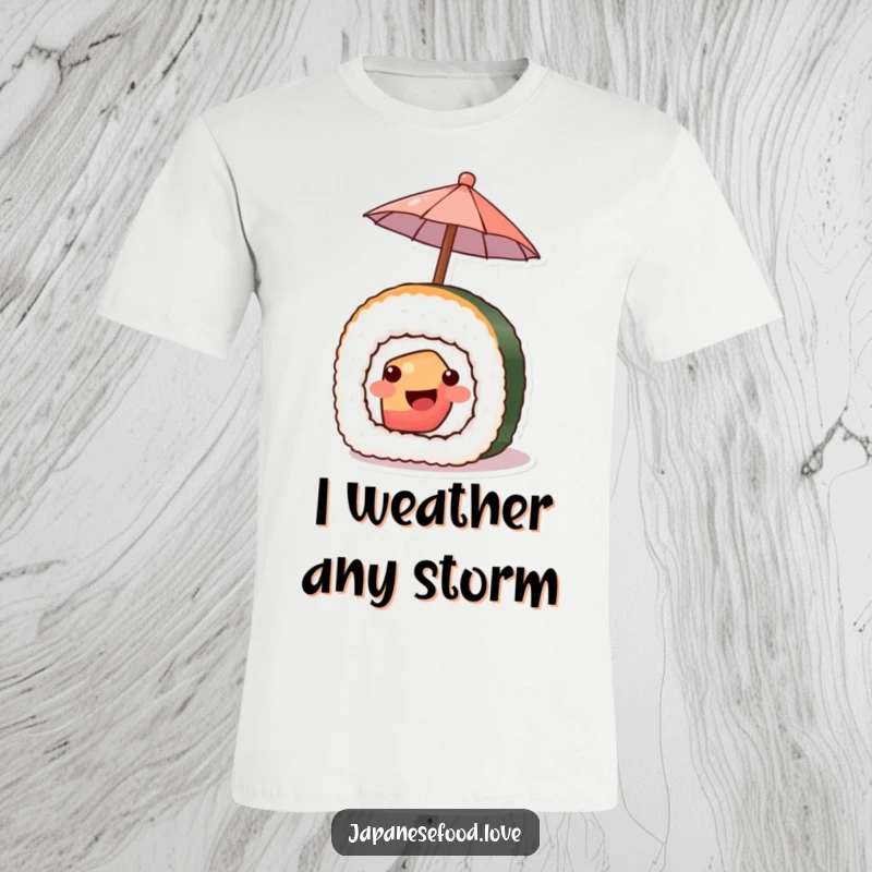 Funny t-shirt with a wide-smiling piece of sushi offering a tiny umbrella, a humorous and charming character.