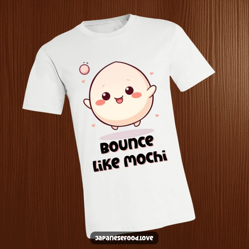 Funny T-Shirt featuring a happy mochi character bouncing with incredible energy, resembling a joyful rubber ball, spreading happiness.
