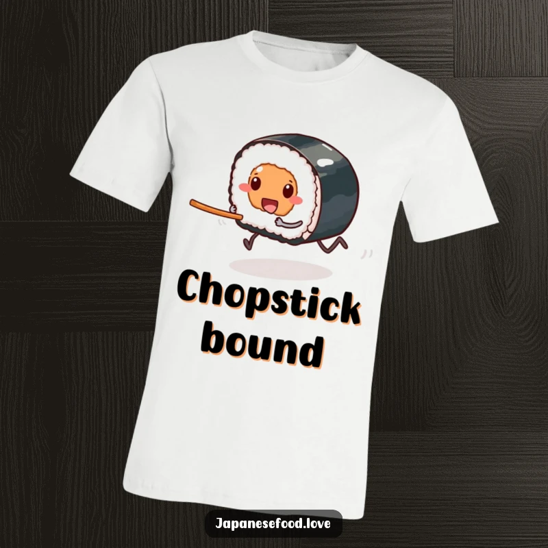 Funny T-shirt design of a sushi piece with tiny legs sprinting with pure excitement towards a chopstick, a hilarious foodie statement.
