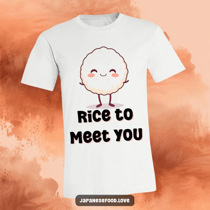 Funny T-Shirt of a beaming rice ball character standing on tiptoe, radiating pure happiness and optimistic energy.