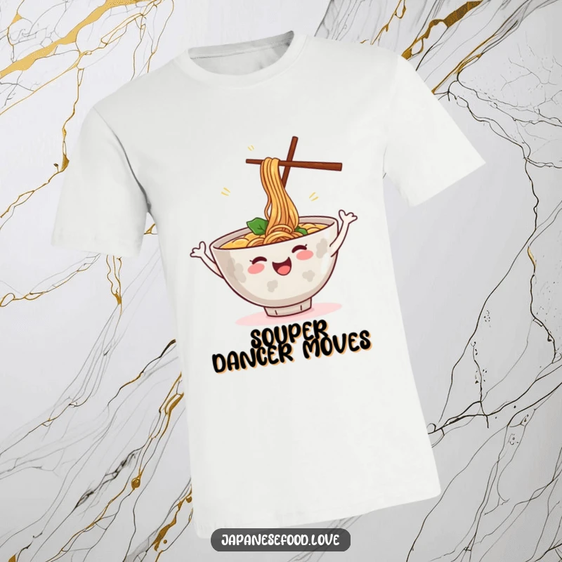 Funny t-shirt with a cheerful ramen bowl dancing, steam rising playfully, depicting a humorous food character in motion for a funny gift.