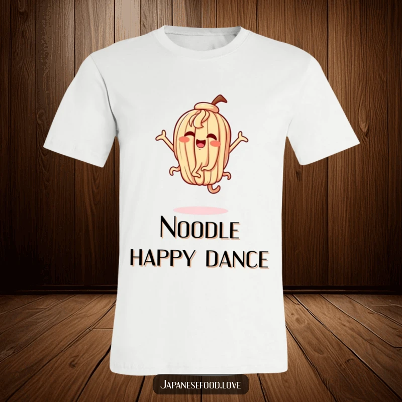 Funny t-shirt featuring an udon noodle character dancing with wild, happy abandon, perfect for noodle lovers.