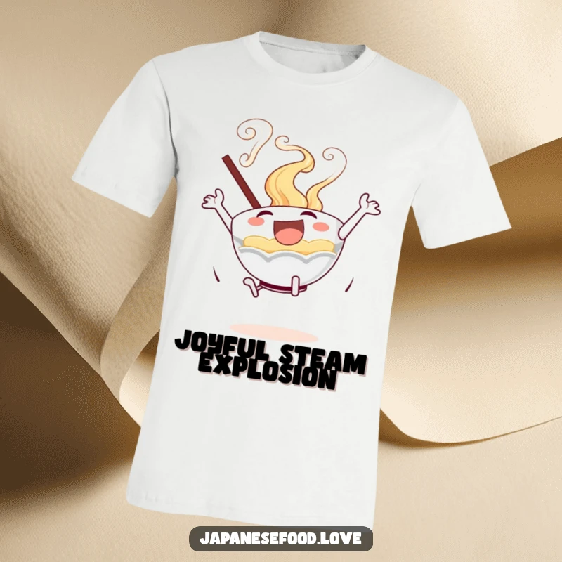 A joyful ramen bowl with swirling steam in mid-air, performing an excited leap on a comfortable t-shirt.