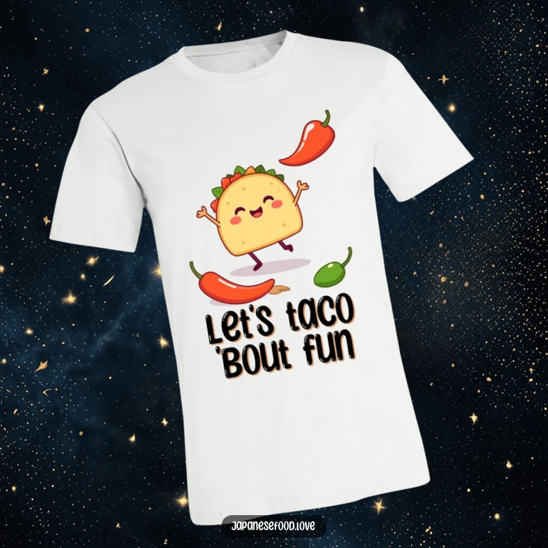 Funny t-shirt depicting a happy taco with tiny legs doing a silly jig near a chili pepper, celebrating taco joy.