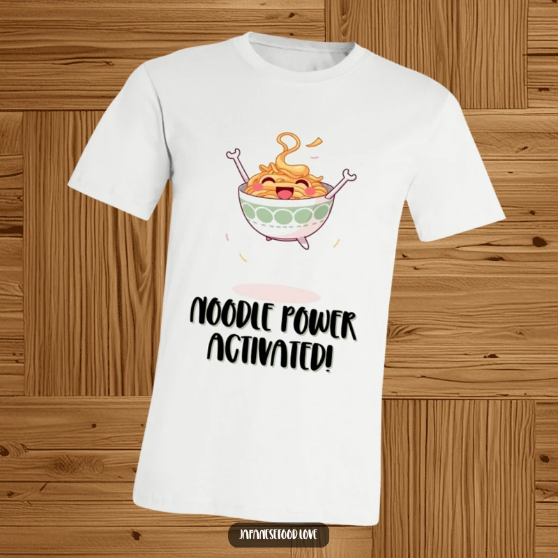 Funny Jumping Ramen Bowl T-Shirt: Smiling ramen bowl leaping joyfully into the air, noodle humor, energetic shirt, funny gift.