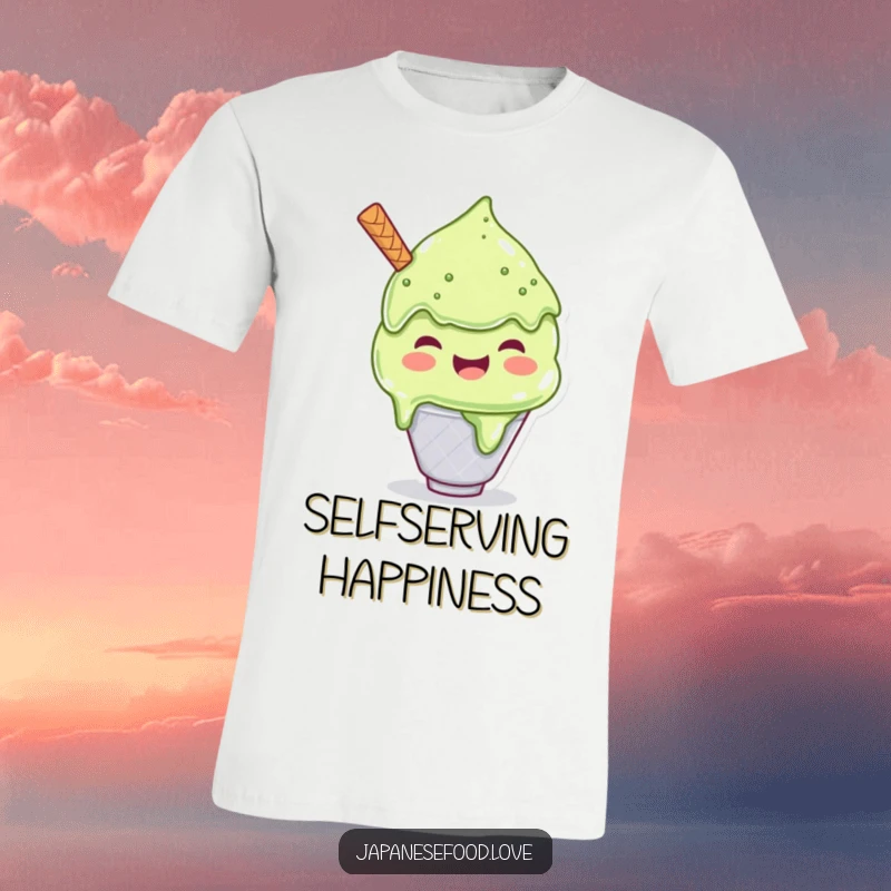 Funny T-shirt featuring a joyful matcha ice cream character scooping a very large portion of itself, celebrating indulgence.