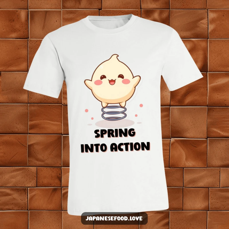 Funny t-shirt depicting a delighted mochi character energetically bouncing on a spring, full of happy vibes.