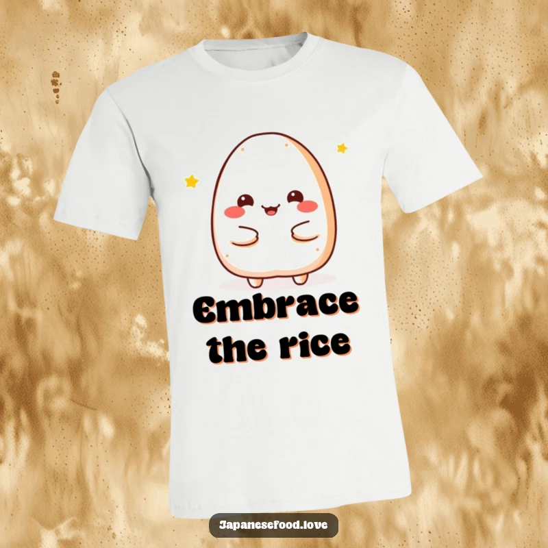 Funny T-Shirt showing a happy onigiri character offering a warm and inviting embrace, spreading comfort and cheerful vibes.