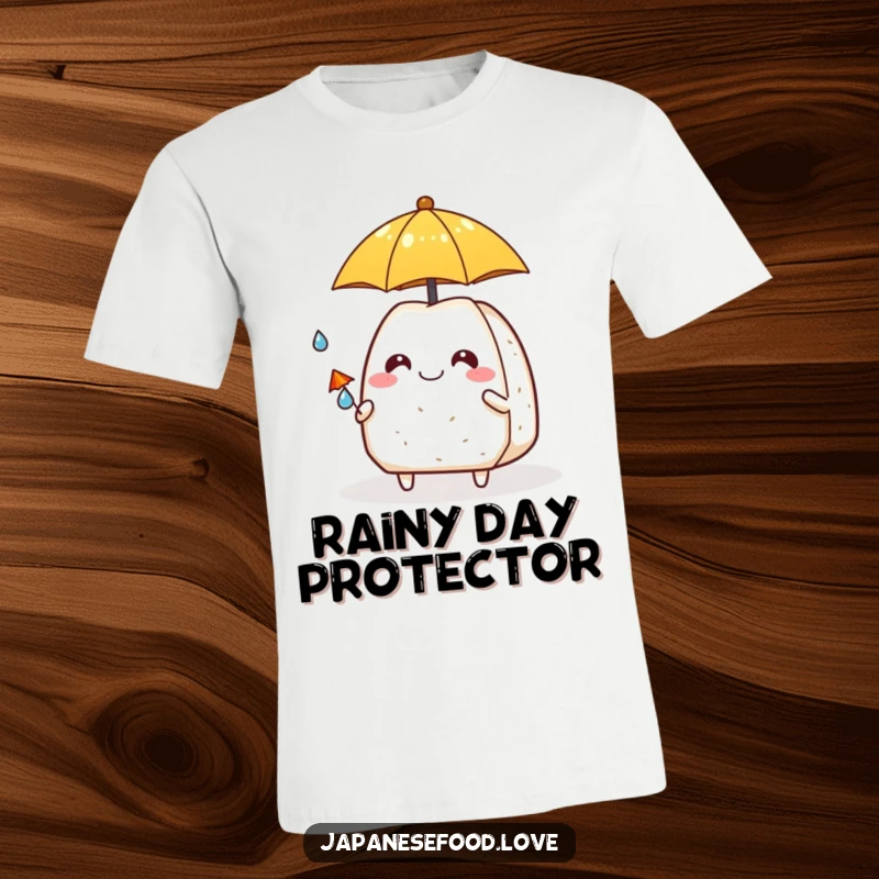 Funny onigiri wearing a grin, shielding a tiny raindrop with a miniature umbrella on a comfortable t-shirt.