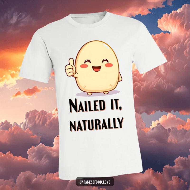 Funny onigiri t-shirt depicting a joyous rice ball character giving a cheerful thumbs up, embodying positivity and deliciousness.