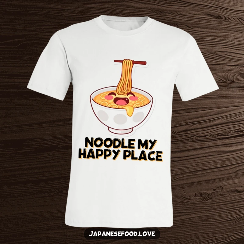 Funny t-shirt with a joyful ramen bowl sporting a smiley face, captured mid-bounce in an energetic, happy moment.