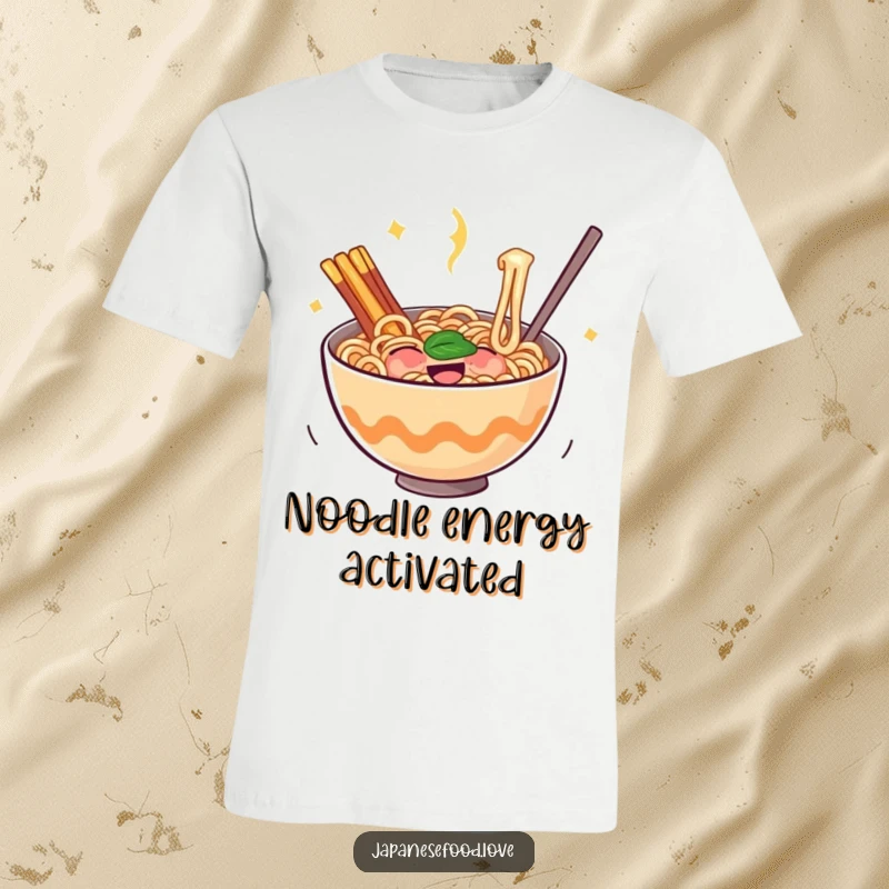 Funny ramen t-shirt depicting a bouncing bowl of noodles brimming with pure glee, representing ultimate comfort and joy.