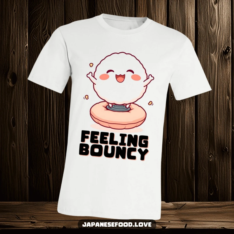 Funny T-shirt featuring a smiling rice ball character in mid-bounce on a springy cushion, radiating infectious joy and playfulness.