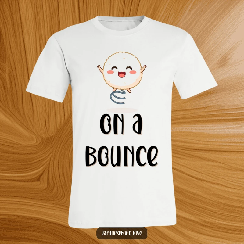 Funny t-shirt featuring a cheerful rice ball character hilariously bouncing on a spring, embodying energetic happiness and fun.