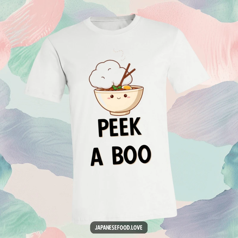 Funny t-shirt featuring a shy ramen bowl peeking from behind a thick, steaming cloud, embodying quiet comfort.