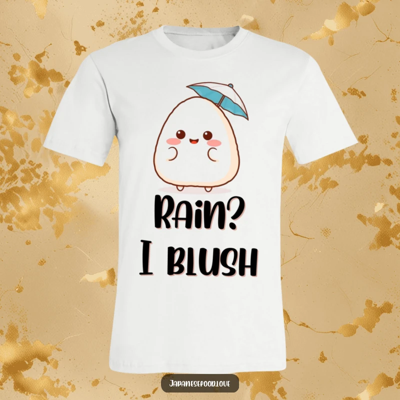 Funny surprised onigiri t-shirt, a blushing rice ball character holding a tiny umbrella, showcasing cute surprise and humor, ideal for a funny gift.