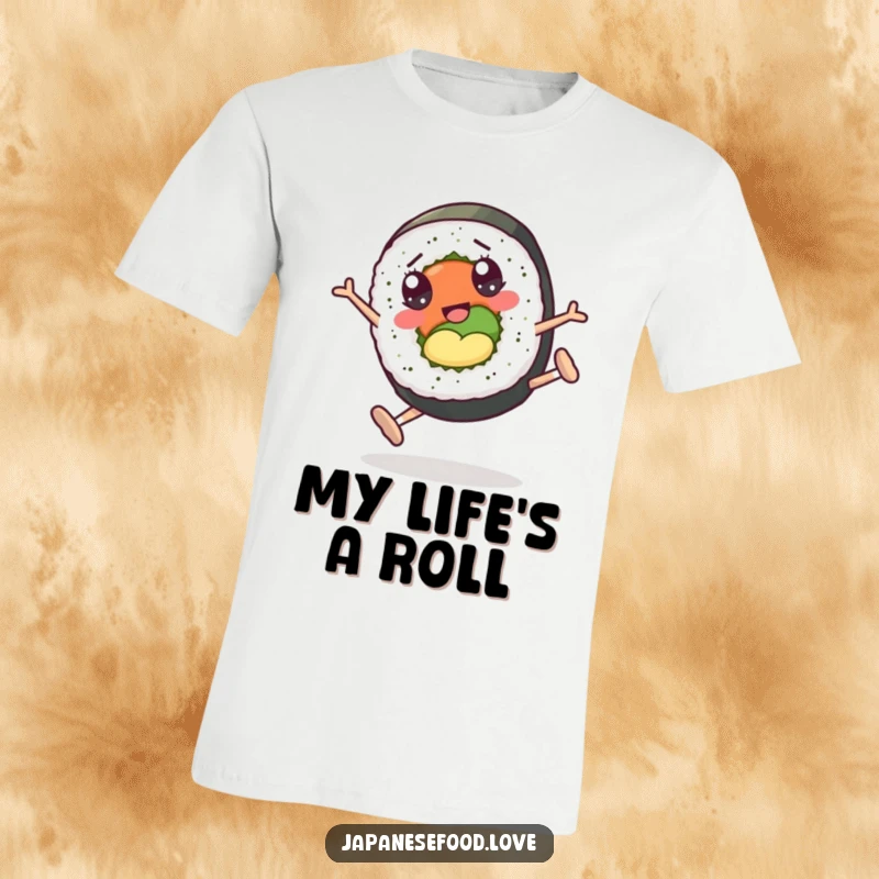 Funny t-shirt graphic of a sushi roll character with googly eyes doing a dynamic cartwheel, full of playful movement.