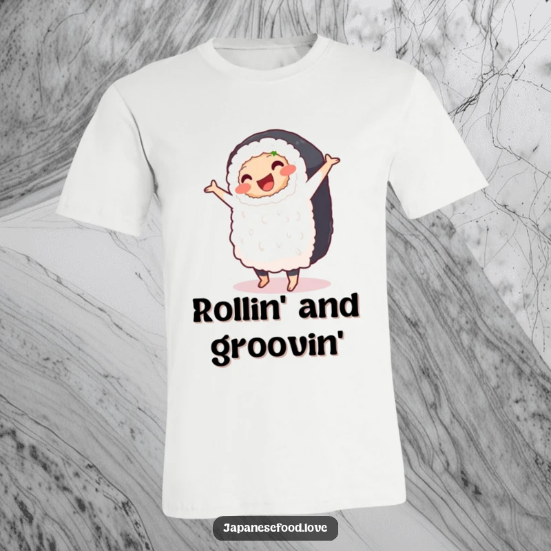 Funny t-shirt depicting a plump, smiling sushi roll doing a clumsy pirouette, celebrating food and dance.