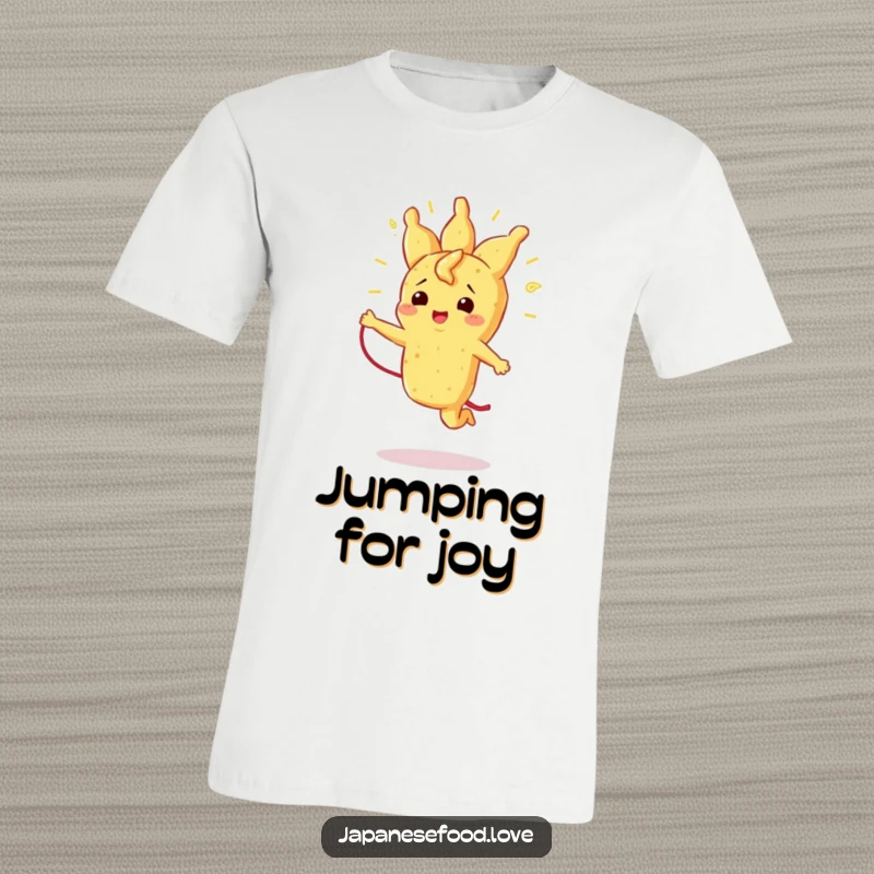 Funny t-shirt featuring a radiant piece of tempura gleefully jumping rope with its own strand, showcasing active fun.