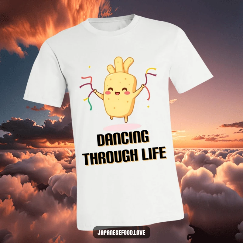 Funny Tempura T-Shirt: Happy fried food dancing with streamers, a humorous and energetic tee for food lovers.