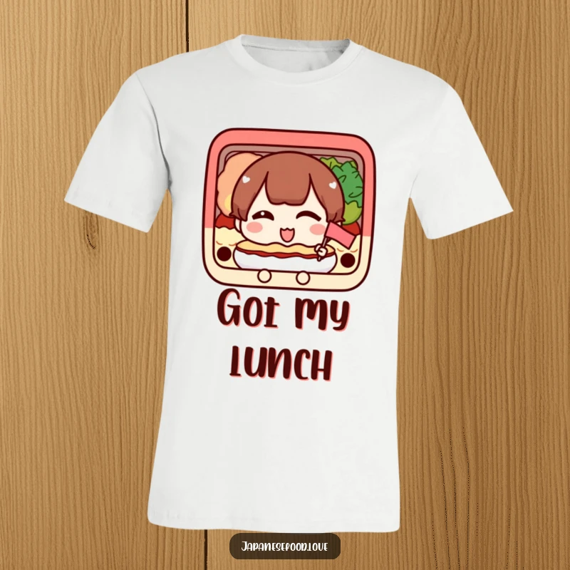 Funny t-shirt of a happy bento box character winking while holding a small flag, radiating positivity.