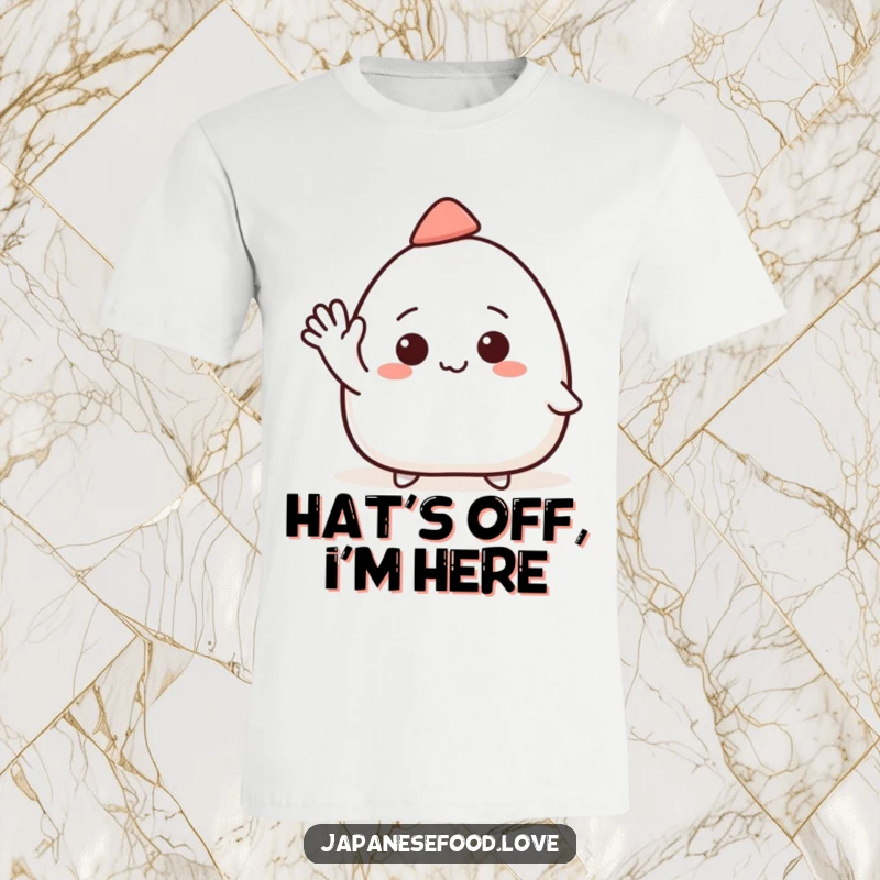 Funny t-shirt depicting a smiling onigiri character in a small hat, enthusiastically waving hello.